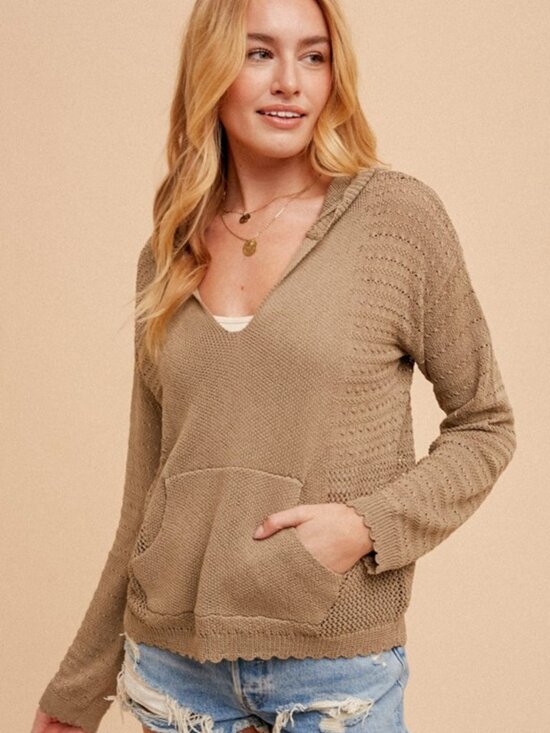 Hem & Thread Tops - NWT Boutique: Hem & Thread Crochet Knit Pointelle Hoodie Sweater in Olive